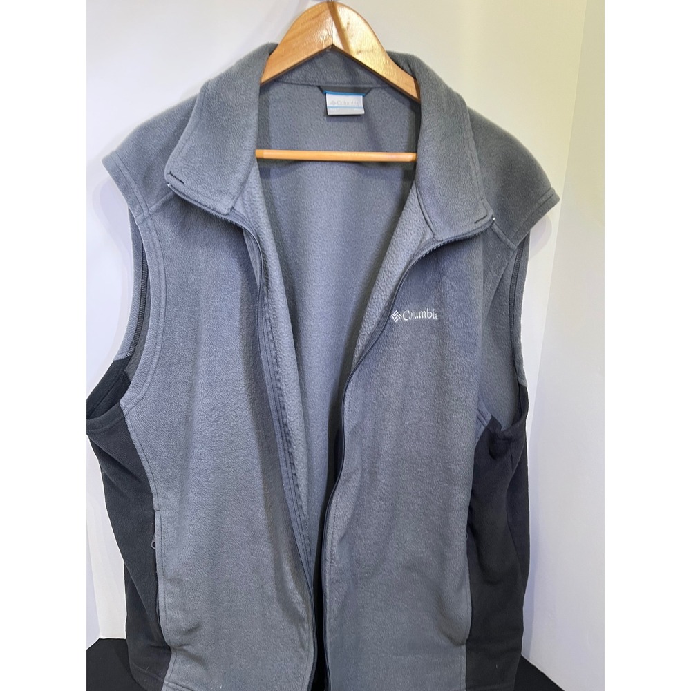 Columbia Mens XXL Gray Fleece Full Zip Vest Mock Neck Pockets Two Tone